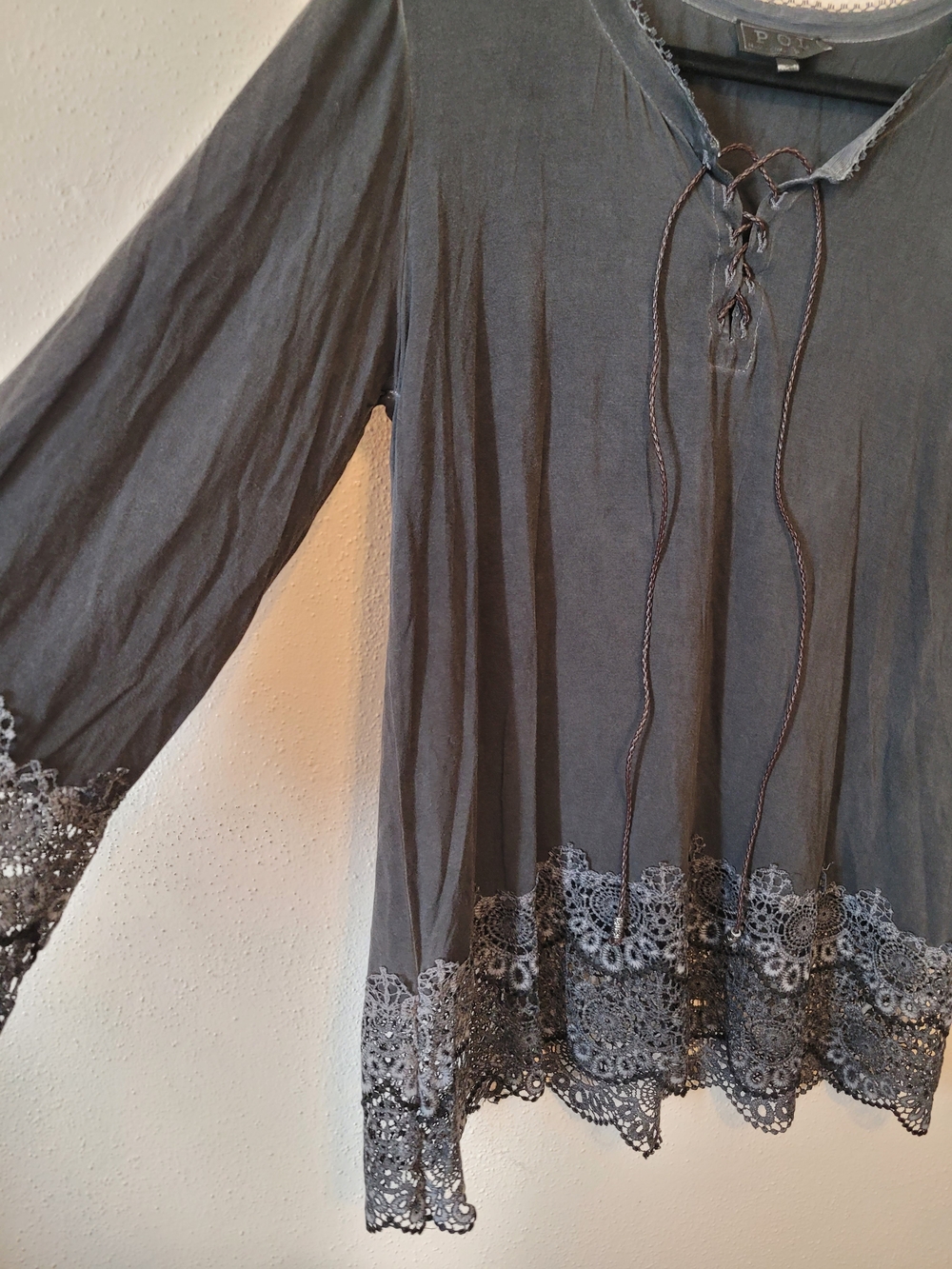 POL Charcoal Lace Trim Lace Up Boho Tunic Top Blouse Style ELT408 Small - Picture 6 of 9